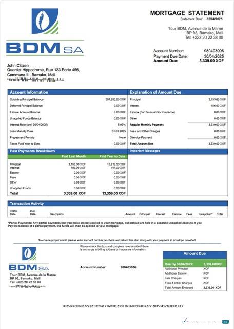Mali Banque du Développement du Mali (BDM) mortgage statement Word and PDF template